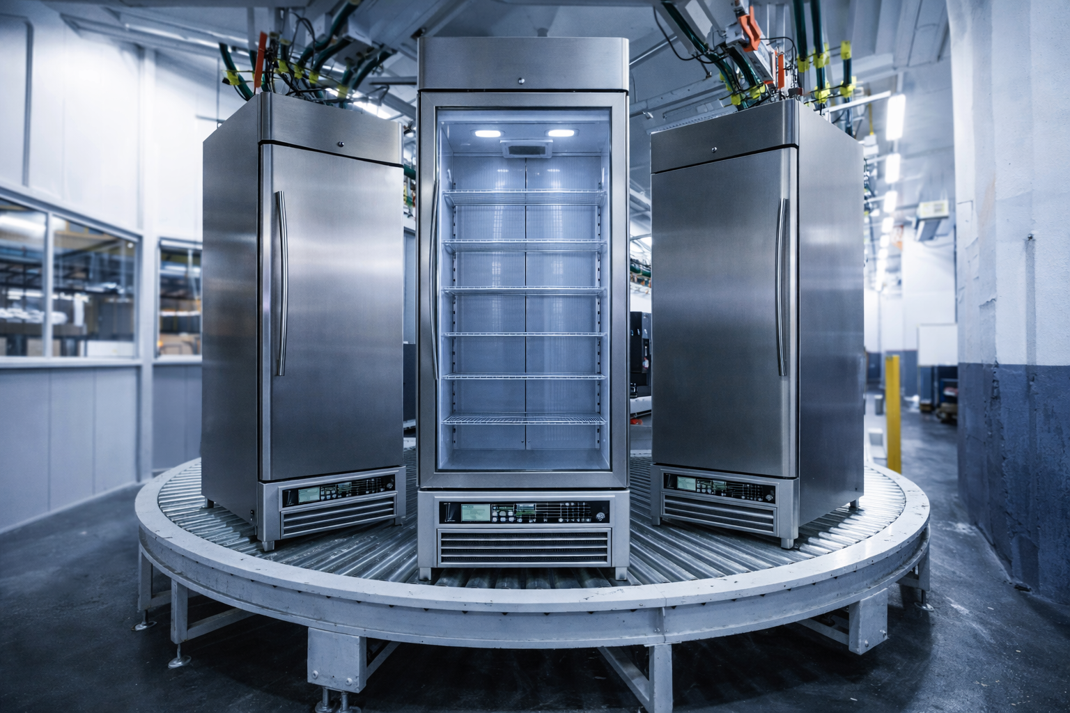 Commercial refrigeration equipment in a clean, modern facility